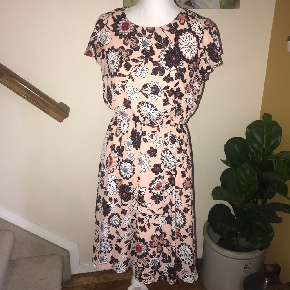 Loft pink floral dress flutter sleeve spring M